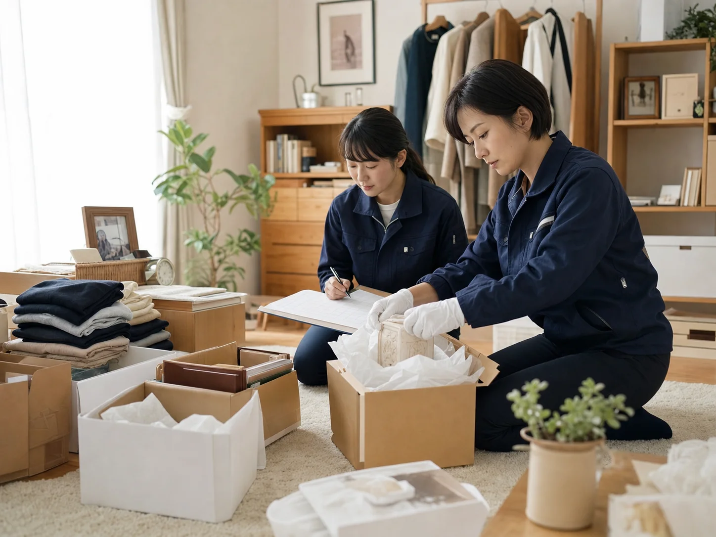 思い出の品や家財を丁寧に整理する様子