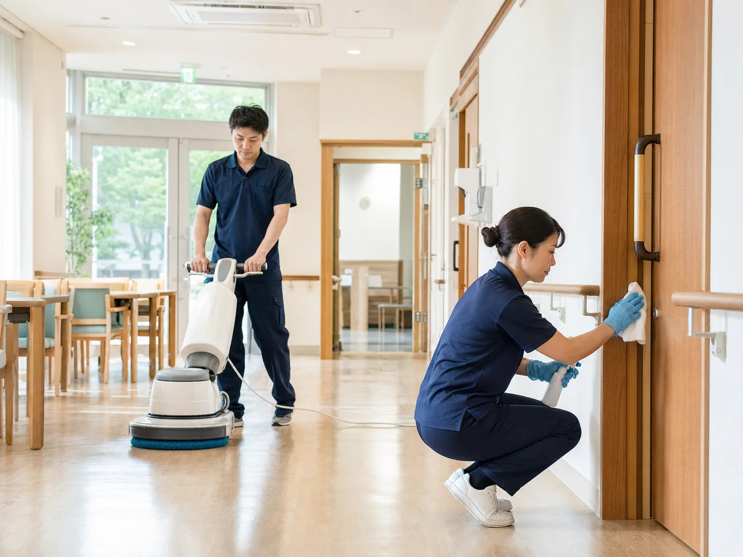 福祉施設で専門スタッフが清掃する様子